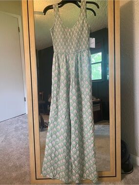 Japna Sleeveless Green Floral Jumpsuit with Pink Motif